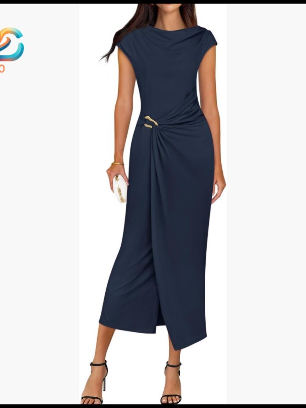 Cap Sleeve Bodycon Midi Dress Mock Neck Slit Wedding Guest Cocktail
